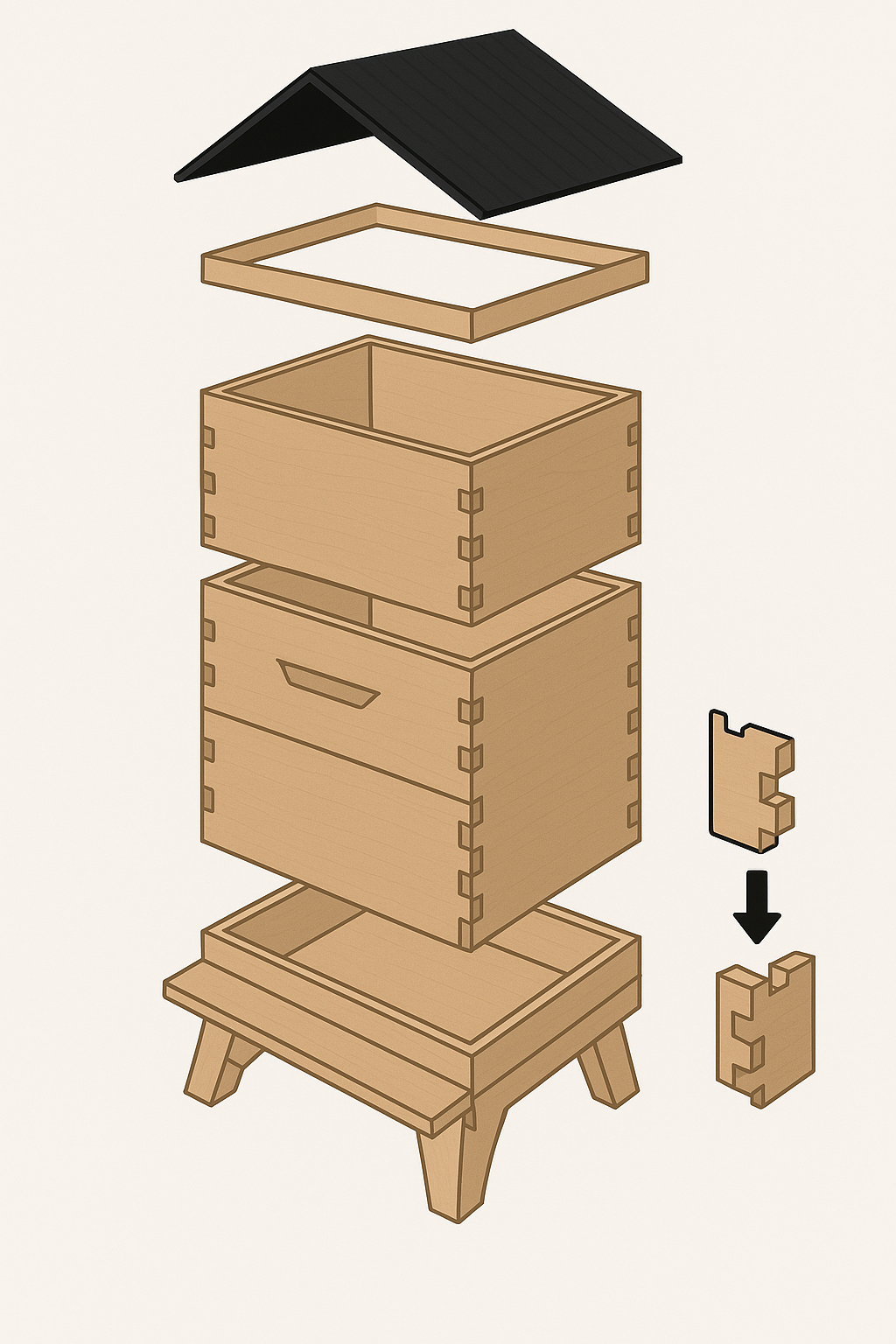Exploded view of a modern beehive showing layered wooden components and roof.