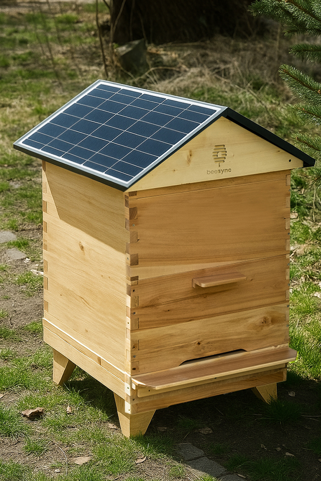BeeSync smart beehive equipped with solar panel for real-time monitoring and sustainable beekeeping.