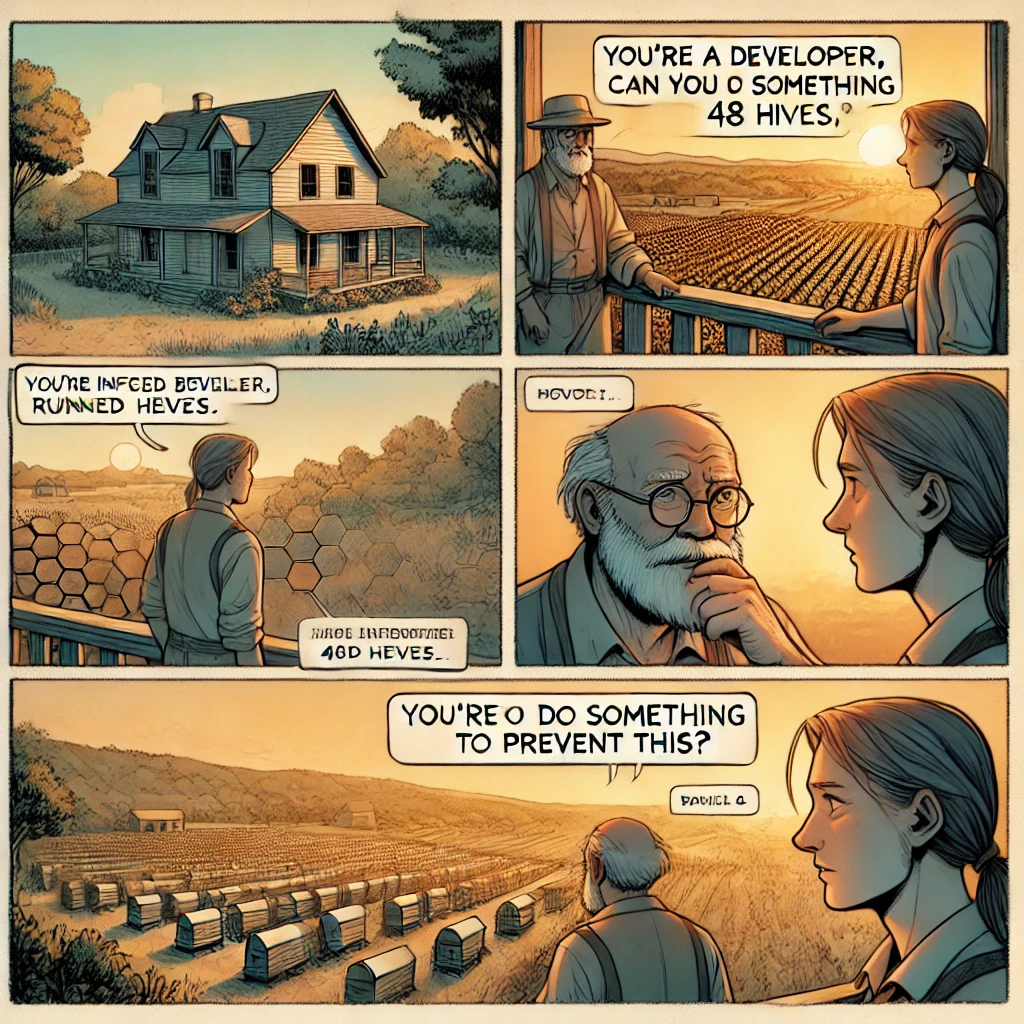 Comic illustration showing a conversation about saving bee hives, the inspiration behind BeeSync.